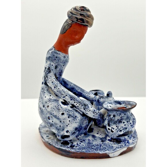 Vintage Clay‎ Art Pottery Figure Sitting w/Pots Primitive Blue Speckled Glazed - Picture 5 of 16